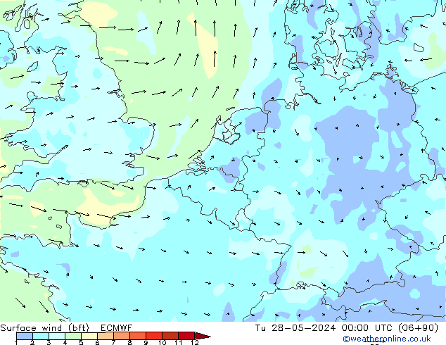 Surface wind (bft) ECMWF Út 28.05.2024 00 UTC