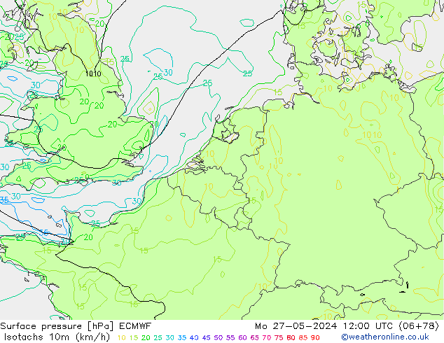 Isotachen (km/h) ECMWF ma 27.05.2024 12 UTC