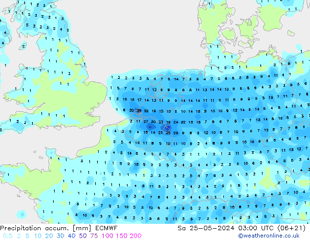 Precipitation accum. ECMWF 星期六 25.05.2024 03 UTC