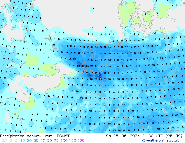 Precipitation accum. ECMWF Sa 25.05.2024 21 UTC