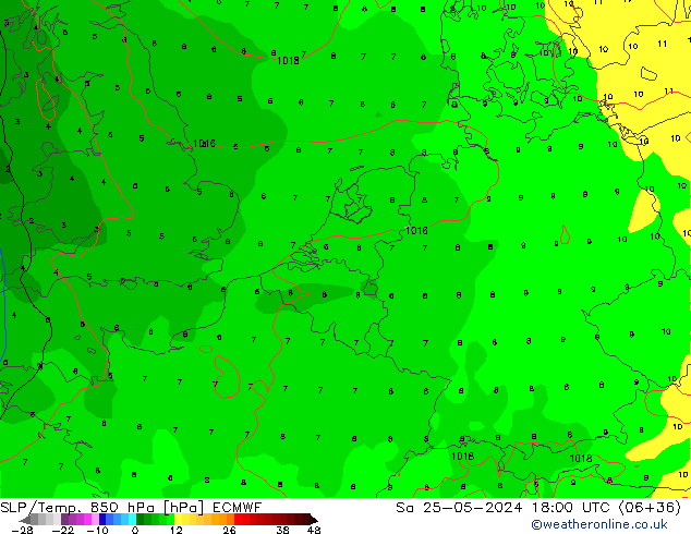 SLP/Temp. 850 гПа ECMWF сб 25.05.2024 18 UTC