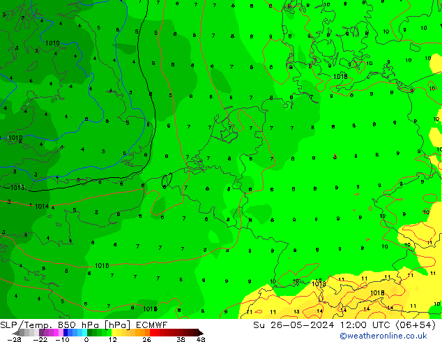 SLP/Temp. 850 hPa ECMWF nie. 26.05.2024 12 UTC