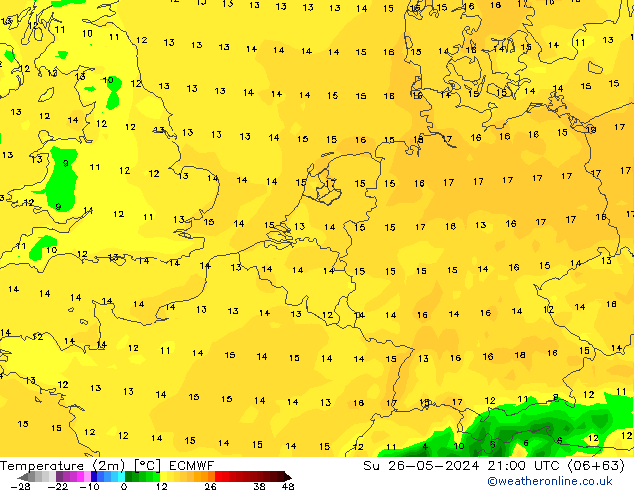 Temperature (2m) ECMWF Ne 26.05.2024 21 UTC