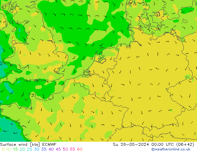 wiatr 10 m ECMWF nie. 26.05.2024 00 UTC