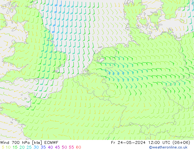 Vento 700 hPa ECMWF ven 24.05.2024 12 UTC