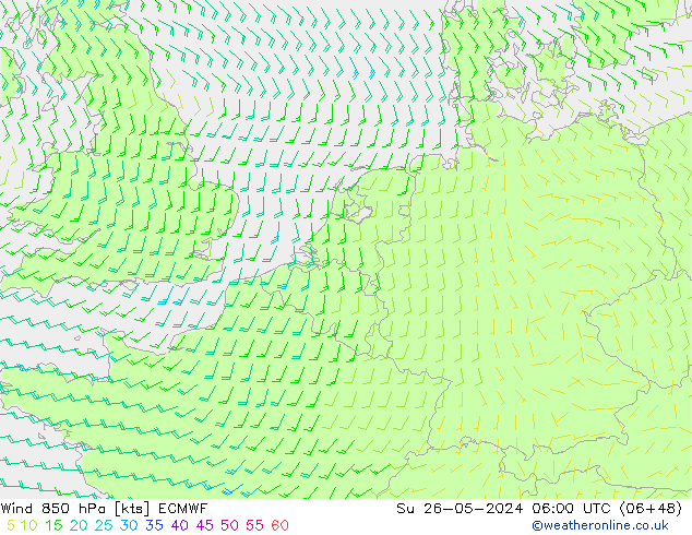 Rüzgar 850 hPa ECMWF Paz 26.05.2024 06 UTC