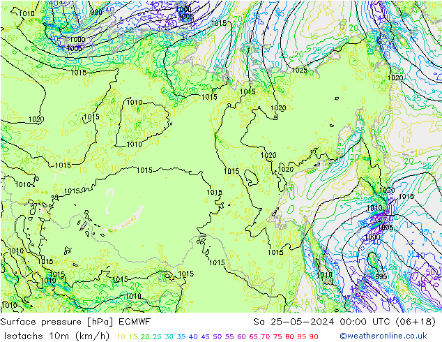 Isotachs (kph) ECMWF  25.05.2024 00 UTC