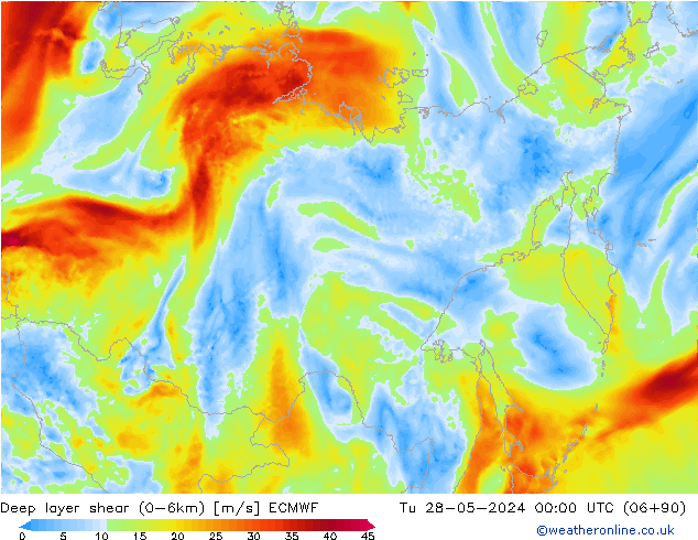 Deep layer shear (0-6km) ECMWF Sa 28.05.2024 00 UTC