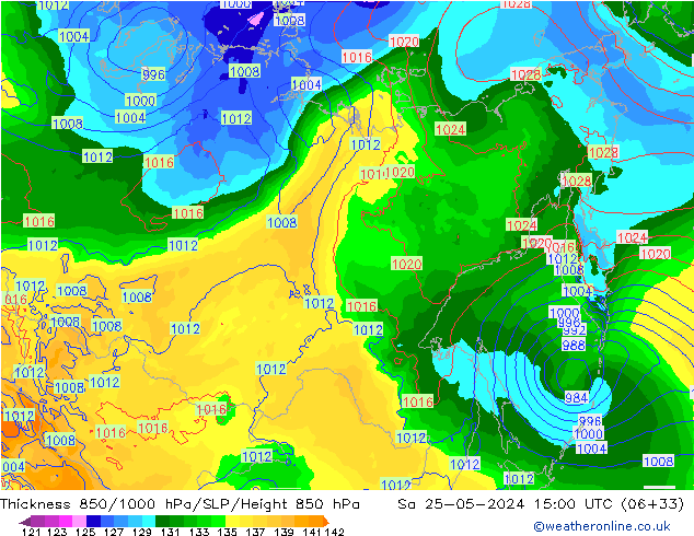 Espesor 850-1000 hPa ECMWF sáb 25.05.2024 15 UTC