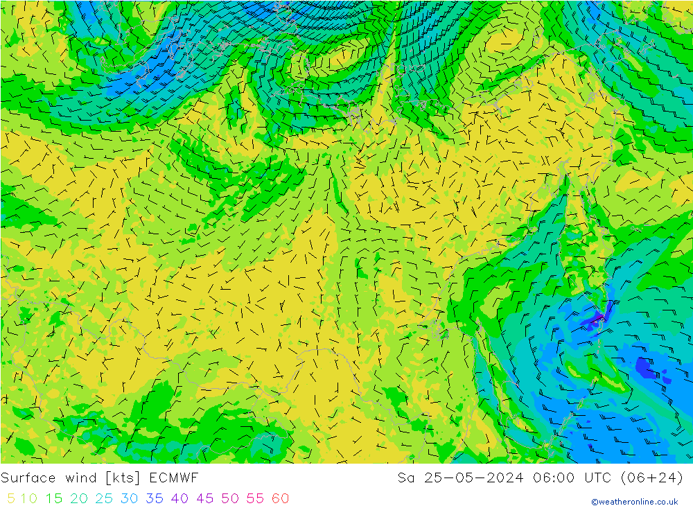 wiatr 10 m ECMWF so. 25.05.2024 06 UTC