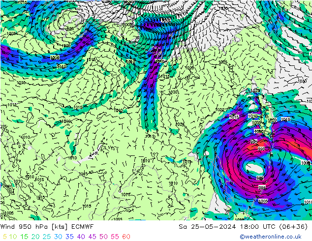 Wind 950 hPa ECMWF Sa 25.05.2024 18 UTC