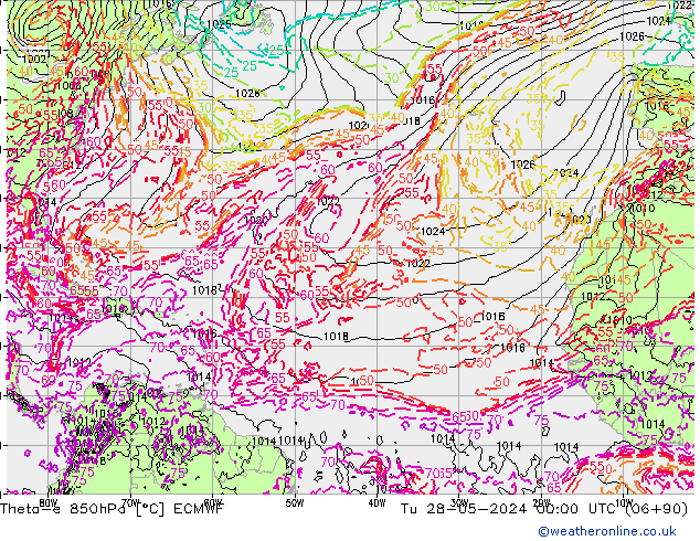 Theta-e 850hPa ECMWF Sa 28.05.2024 00 UTC