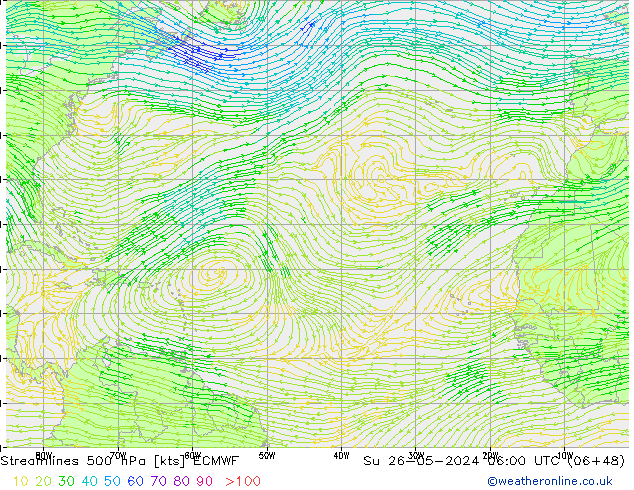 Linea di flusso 500 hPa ECMWF dom 26.05.2024 06 UTC