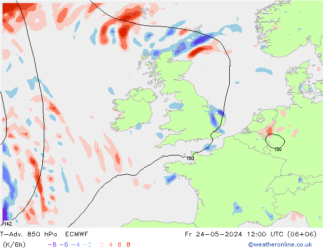 T-Adv. 850 hPa ECMWF Pá 24.05.2024 12 UTC