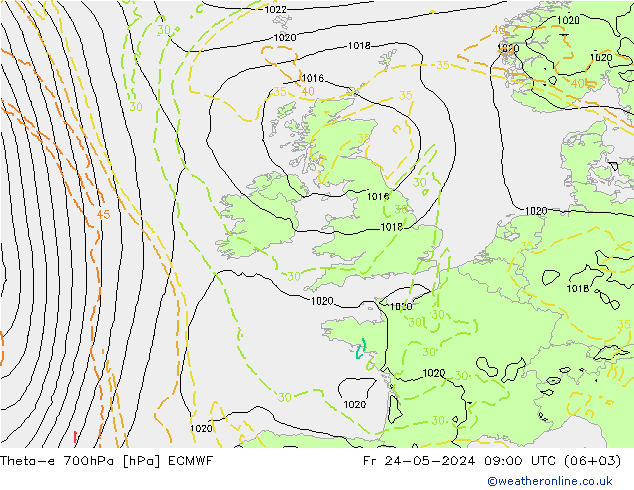 Theta-e 700hPa ECMWF Cu 24.05.2024 09 UTC