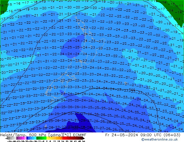 Hoogte/Temp. 500 hPa ECMWF vr 24.05.2024 09 UTC