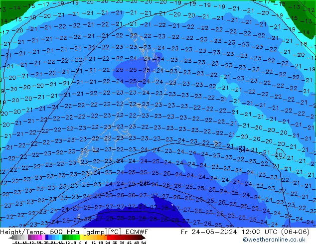 Z500/Rain (+SLP)/Z850 ECMWF Fr 24.05.2024 12 UTC