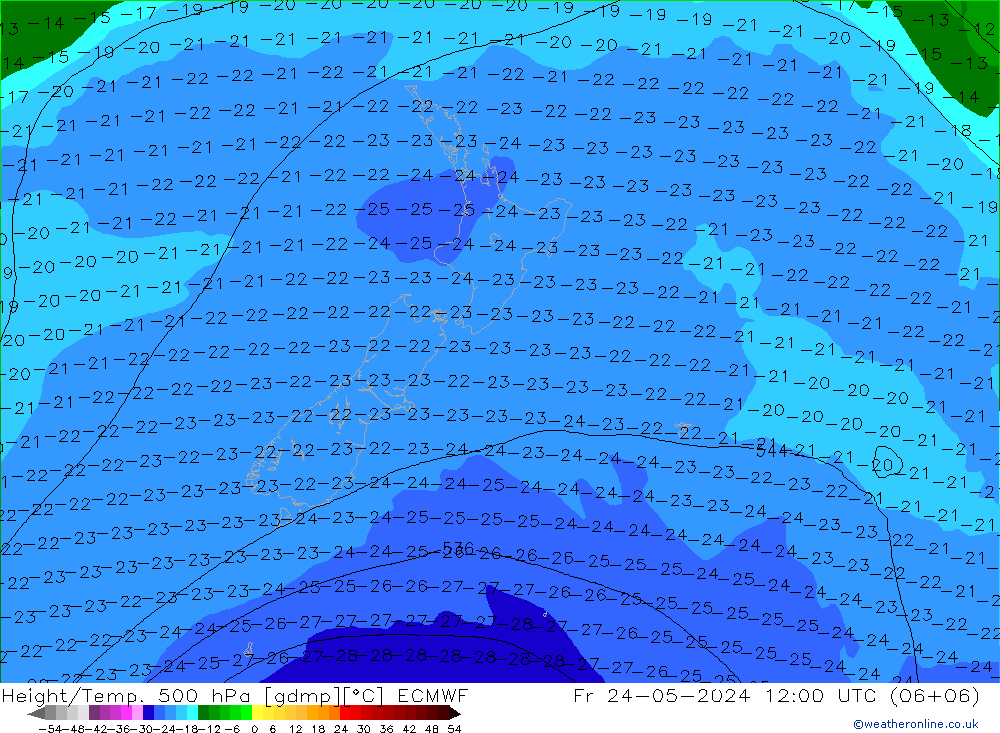 Z500/Rain (+SLP)/Z850 ECMWF Fr 24.05.2024 12 UTC