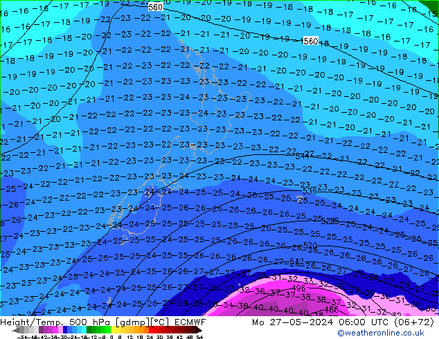 Z500/Rain (+SLP)/Z850 ECMWF Seg 27.05.2024 06 UTC