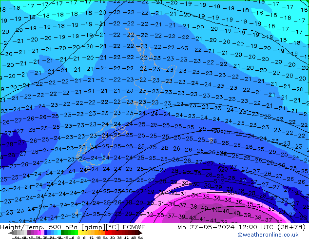 Z500/Rain (+SLP)/Z850 ECMWF pon. 27.05.2024 12 UTC