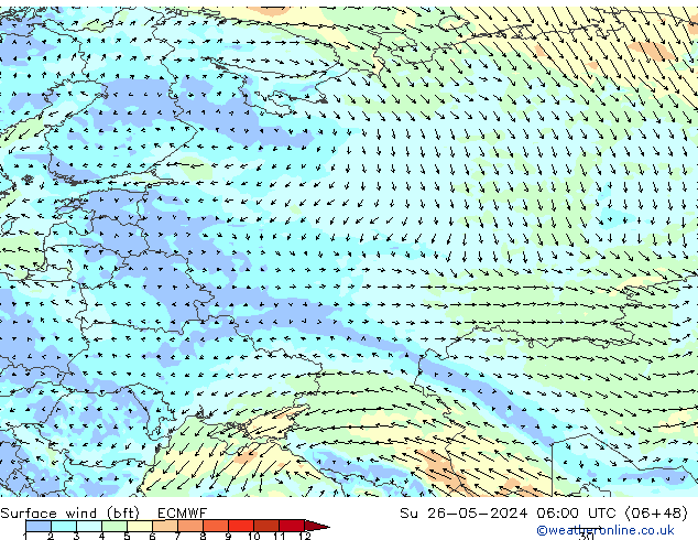 Surface wind (bft) ECMWF Ne 26.05.2024 06 UTC