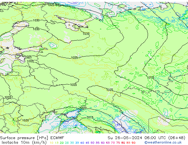 Eşrüzgar Hızları (km/sa) ECMWF Paz 26.05.2024 06 UTC