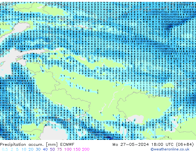 Precipitation accum. ECMWF Mo 27.05.2024 18 UTC