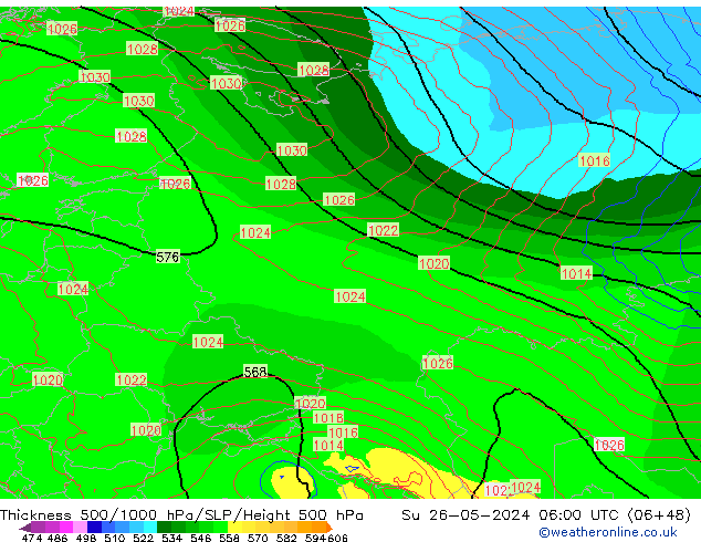 Thck 500-1000гПа ECMWF Вс 26.05.2024 06 UTC