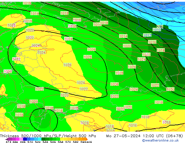 Espesor 500-1000 hPa ECMWF lun 27.05.2024 12 UTC