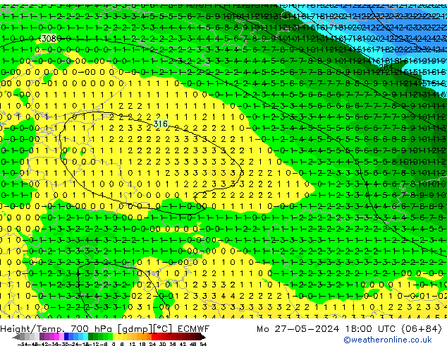 Height/Temp. 700 hPa ECMWF Mo 27.05.2024 18 UTC