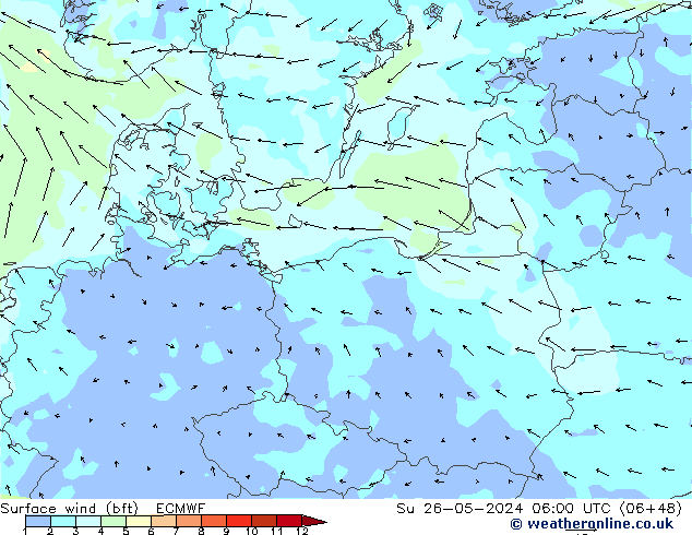 Surface wind (bft) ECMWF Su 26.05.2024 06 UTC