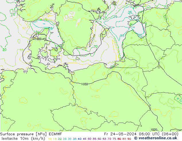 Isotachs (kph) ECMWF ven 24.05.2024 06 UTC