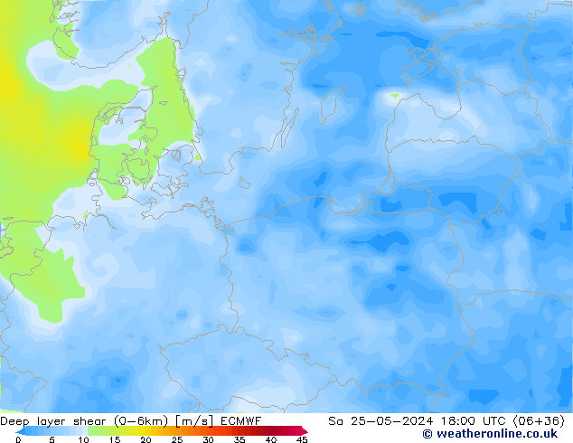 Deep layer shear (0-6km) ECMWF so. 25.05.2024 18 UTC