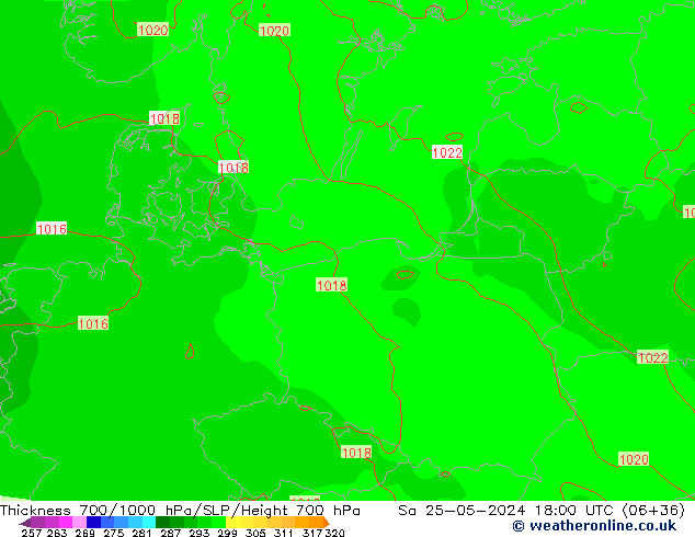 Thck 700-1000 hPa ECMWF sab 25.05.2024 18 UTC