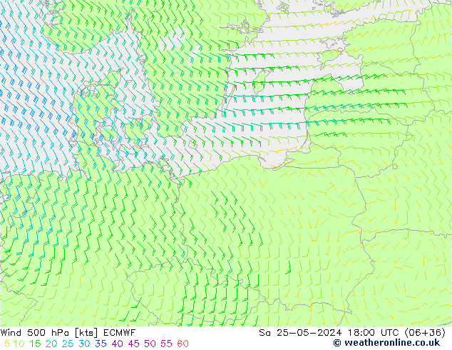 Wind 500 hPa ECMWF Sa 25.05.2024 18 UTC