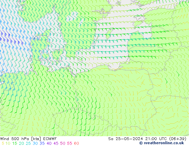 Wind 500 hPa ECMWF Sa 25.05.2024 21 UTC