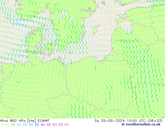 Vent 850 hPa ECMWF sam 25.05.2024 15 UTC