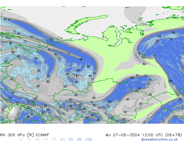 RH 300 hPa ECMWF pon. 27.05.2024 12 UTC