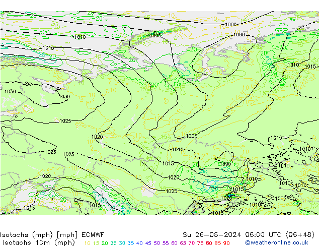 Isotachen (mph) ECMWF zo 26.05.2024 06 UTC