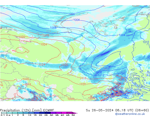 Precipitation (12h) ECMWF Su 26.05.2024 18 UTC