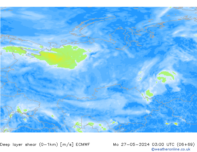 Deep layer shear (0-1km) ECMWF Mo 27.05.2024 03 UTC