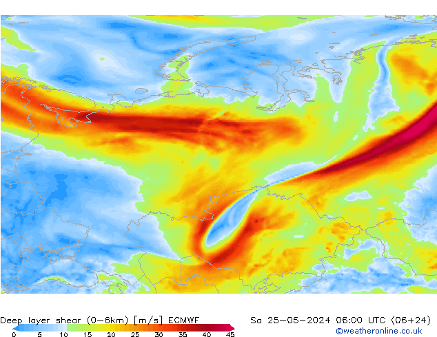 Deep layer shear (0-6km) ECMWF So 25.05.2024 06 UTC