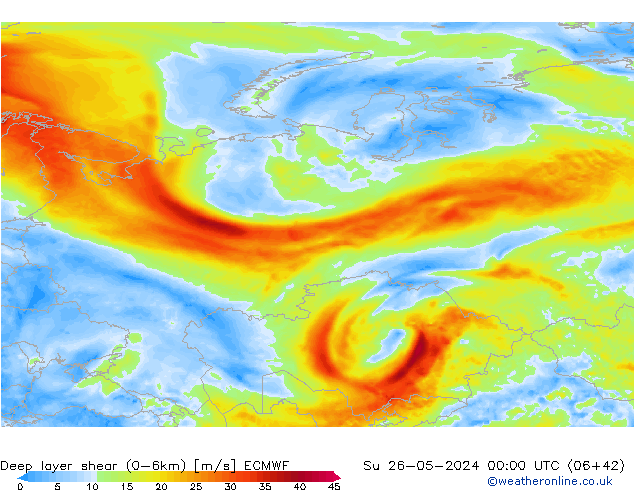 Deep layer shear (0-6km) ECMWF  26.05.2024 00 UTC
