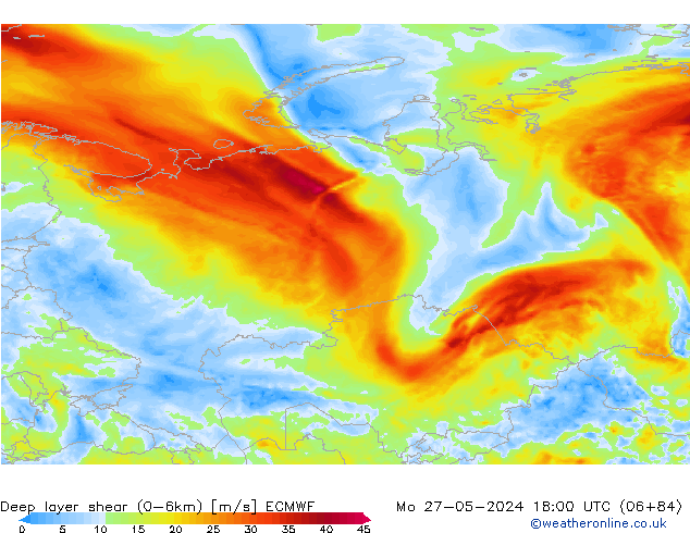 Deep layer shear (0-6km) ECMWF Pzt 27.05.2024 18 UTC