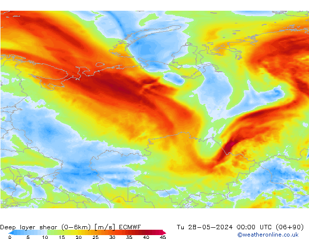 Deep layer shear (0-6km) ECMWF mar 28.05.2024 00 UTC