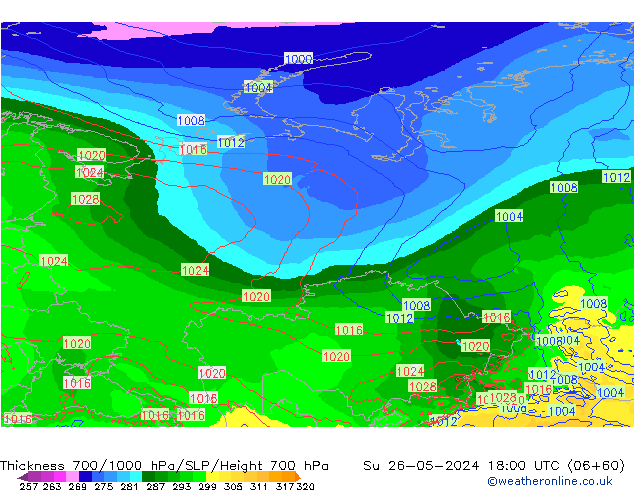 Thck 700-1000 hPa ECMWF Su 26.05.2024 18 UTC