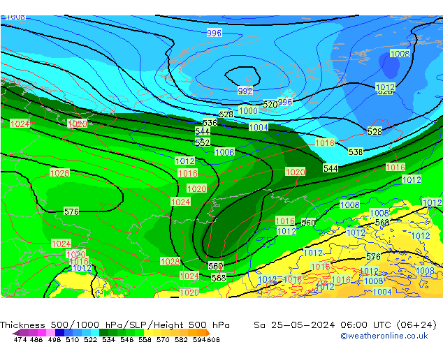 Dikte 500-1000hPa ECMWF za 25.05.2024 06 UTC