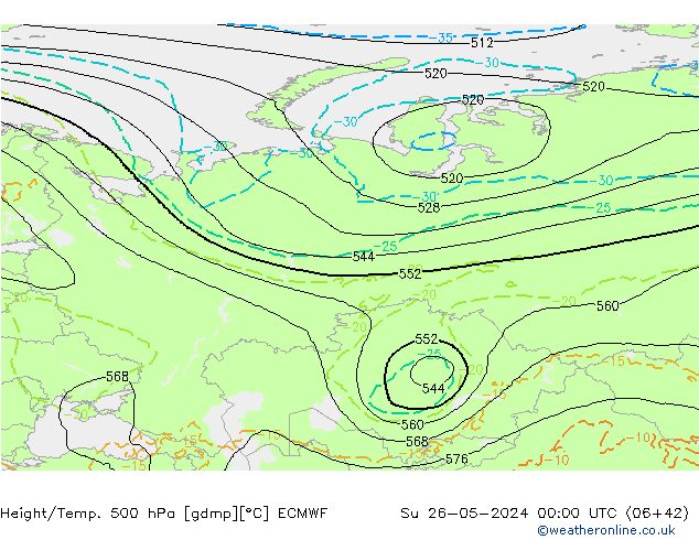 Z500/Rain (+SLP)/Z850 ECMWF  26.05.2024 00 UTC