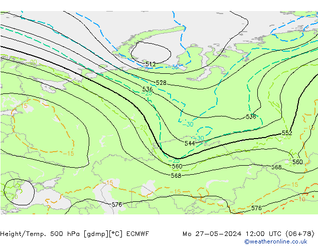 Z500/Rain (+SLP)/Z850 ECMWF lun 27.05.2024 12 UTC