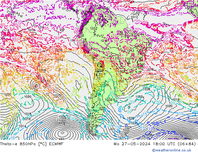 Theta-e 850hPa ECMWF lun 27.05.2024 18 UTC